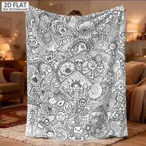 1pc Cozy Flannel Coloring Blanket Suitable for Bed or Couch - Stress-Relieving Doodle Throw with Complex Patterns, Multicolor Art Book Pages for Grown-Ups, Bedspread for, - Bedding Accessory, 2D Flat