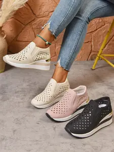 Genuine Leather Sneakers, Women's Wedge Heel, Laser Cut Design, Comfortable Fit, Stylish Footwear for Everyday Use