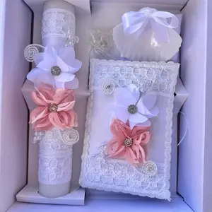 Baptism  Candle Set with 8”Candle, Rosary, New Testament & Decorative Elements in Box for Boys and Girls English & Spanish white