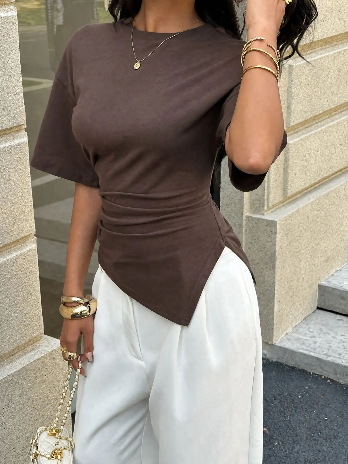 Women's Fashion Top, Stylish Pleated Round Neck Asymmetric Hem T-Shirt, Slim Fit, Soft Comfortable Fabric, Perfect for Casual Wear, Asymmetrical, Casual Comfy Tee