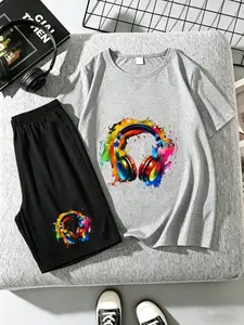 Boys Fashion Set, Creative Graffiti Earphone Print Short Sleeve and Shorts, Casual Loose-Fit, Comfortable Daily Wear, Kids Clothing