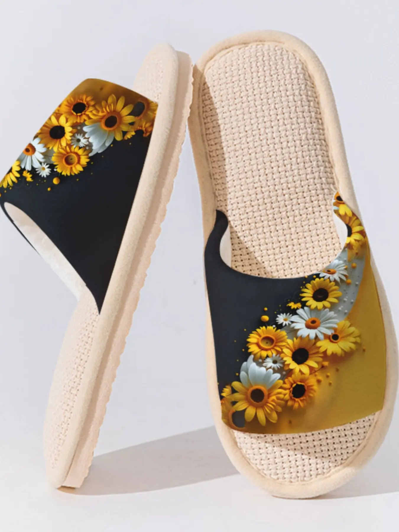 Sunflower & Daisy Print Vibrant 1 Pair Breathable Linen Slippers, Non-slip Lightweight All Season Home Shoes for Women Men Family Daily Guest Wear