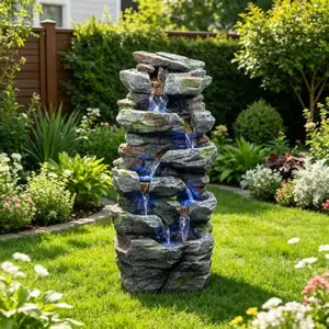 Rock Waterfall Outdoor Fountain with LED Lights Stone Garden Fountains Outdoor Décor for Patio Lawn Backyard Cascading Tiered Outdoor Water Fountain