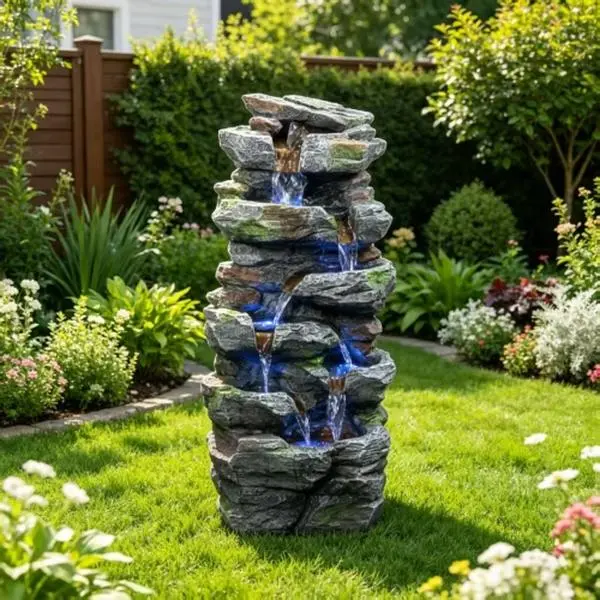 Rock Waterfall Outdoor Fountain with LED Lights Stone Garden Fountains Outdoor Décor for Patio Lawn Backyard Cascading Tiered Outdoor Water Fountain