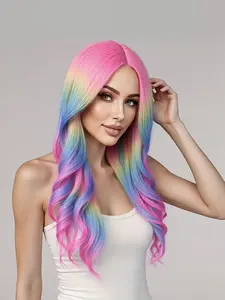 Rainbow Ombre Wigs Long Wavy Wig for Women, Colorful Ombre Curly Heat Resistant Soft Synthetic Hair Wigs, Daily Use with Wig Cap, Wavy Synthetic Hairpiece, Synthetic Material Wigs