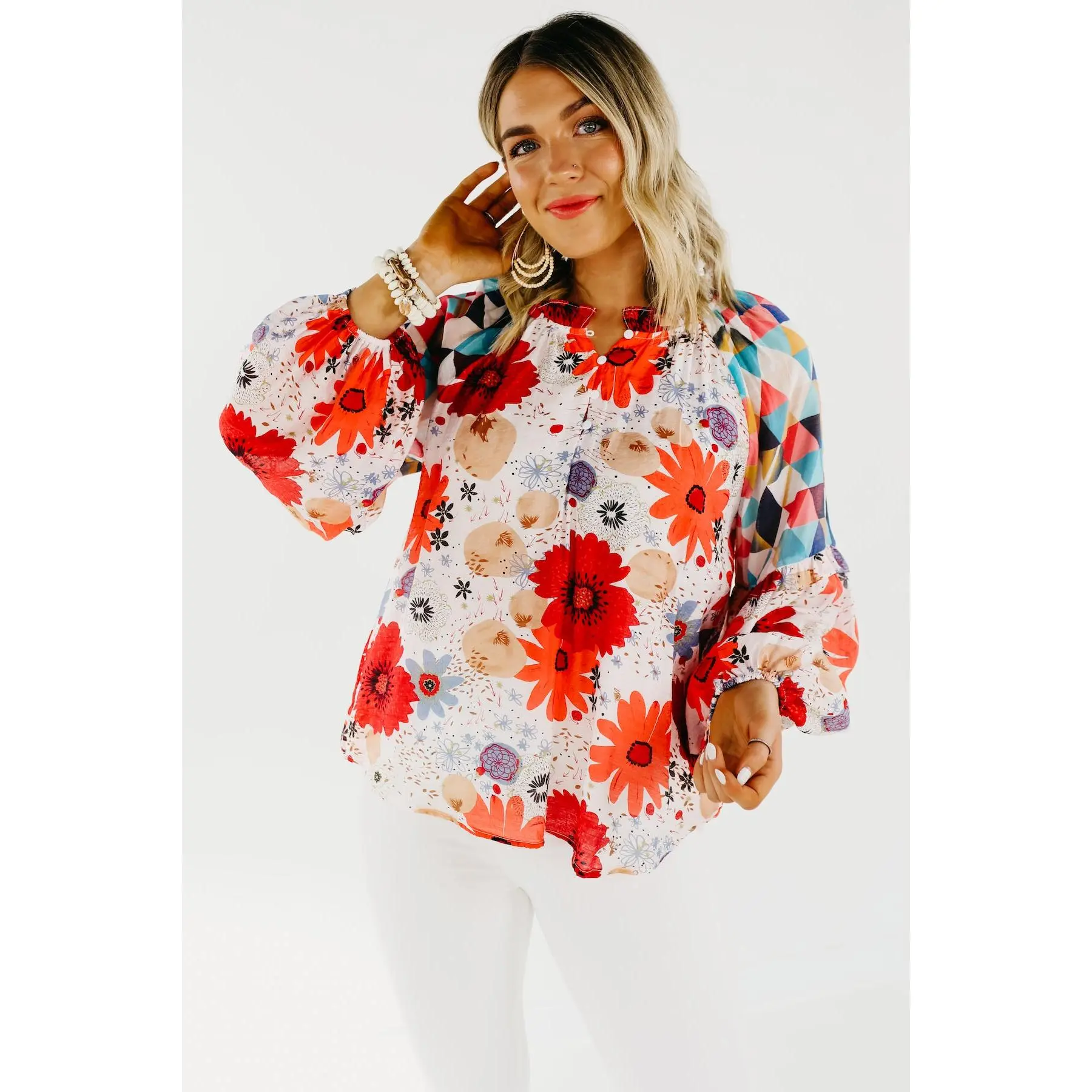 The Haven Mix Print Floral Henley Blouse - FINAL SALE