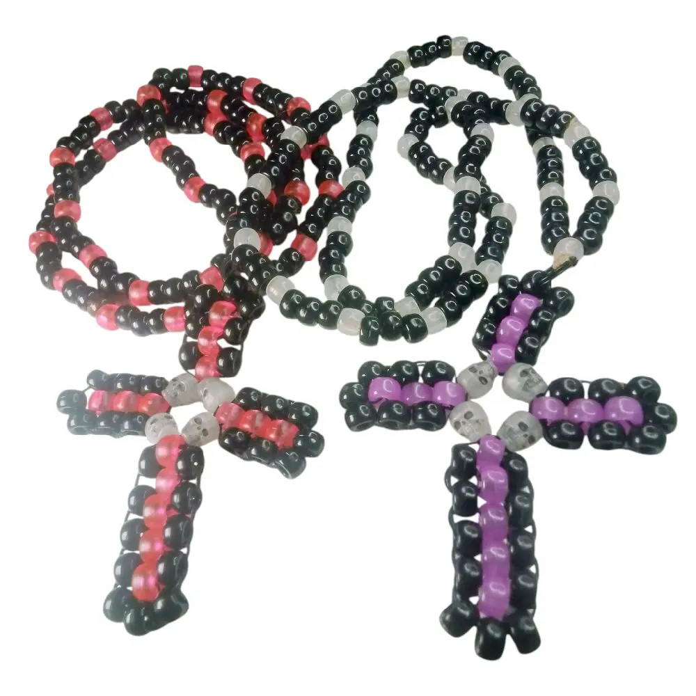 2 Kandi Beaded Cross With 4 Glow -n-Dark Skulls One Hot Pink One Glow Purple