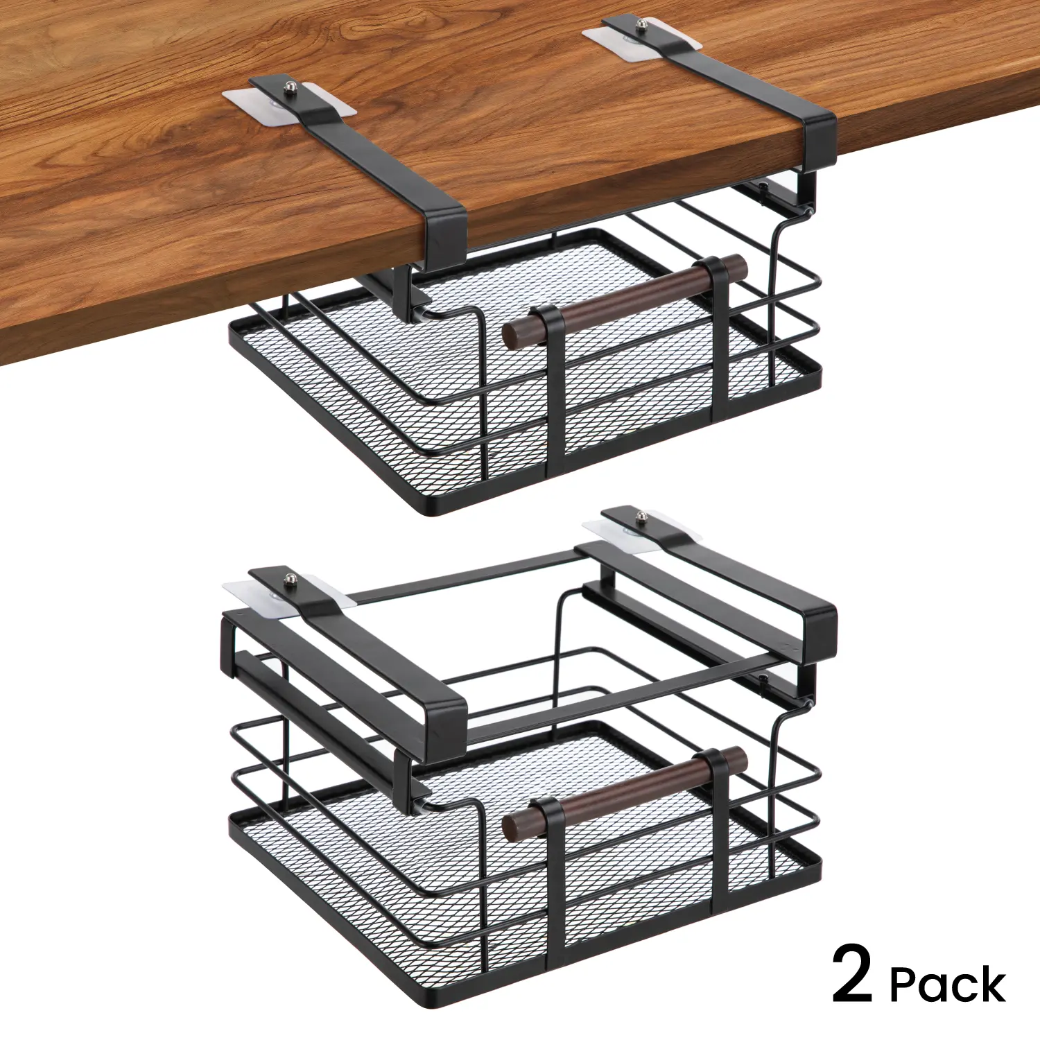 Home Zone Living Pull-Out Kitchen Cabinet Organizer, Under Shelf Sliding Storage Basket with Steel Mesh and Wood Handle