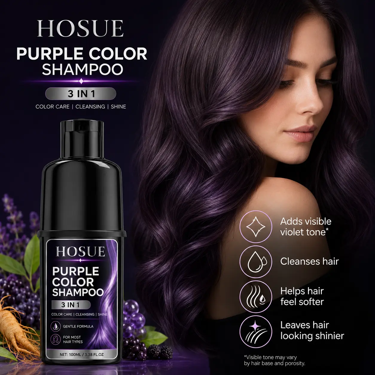 HOSUE Purple Color Shampoo, 3in 1 Toning Hair Wash for Blonde Gray Silver Highlighted Hair, Brassiness Neutralizing Color Care Cleanser, Shine Enhancing Gentle Formula, Salon Inspired Daily Shower Hair Care for Women& Men, Most Hair Types, 3.38oz Bottle