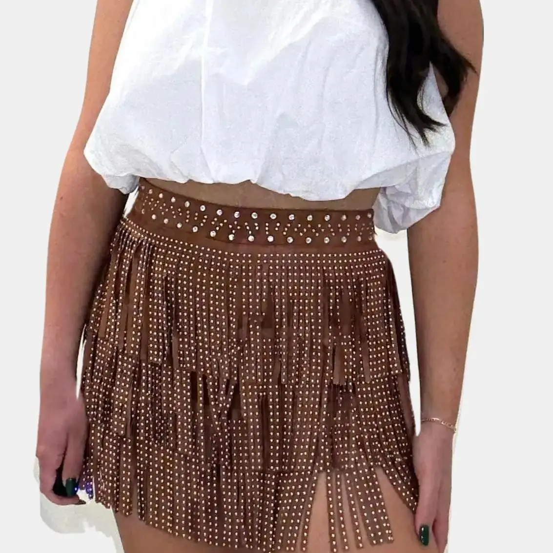 Western Rhinestone Trim Stud Fringe Shorts - Elegant Women's Bottom for Versatile Wear - Womenswear