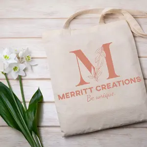 Merritt Creations Logo Tote Bag Pink with Design Be Unique Beige Canvas Bag