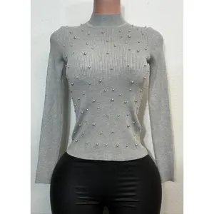 MALIA SILVER PEARLS PATTERN LONG SLEEVE HIGH NECK SWEATER TOP