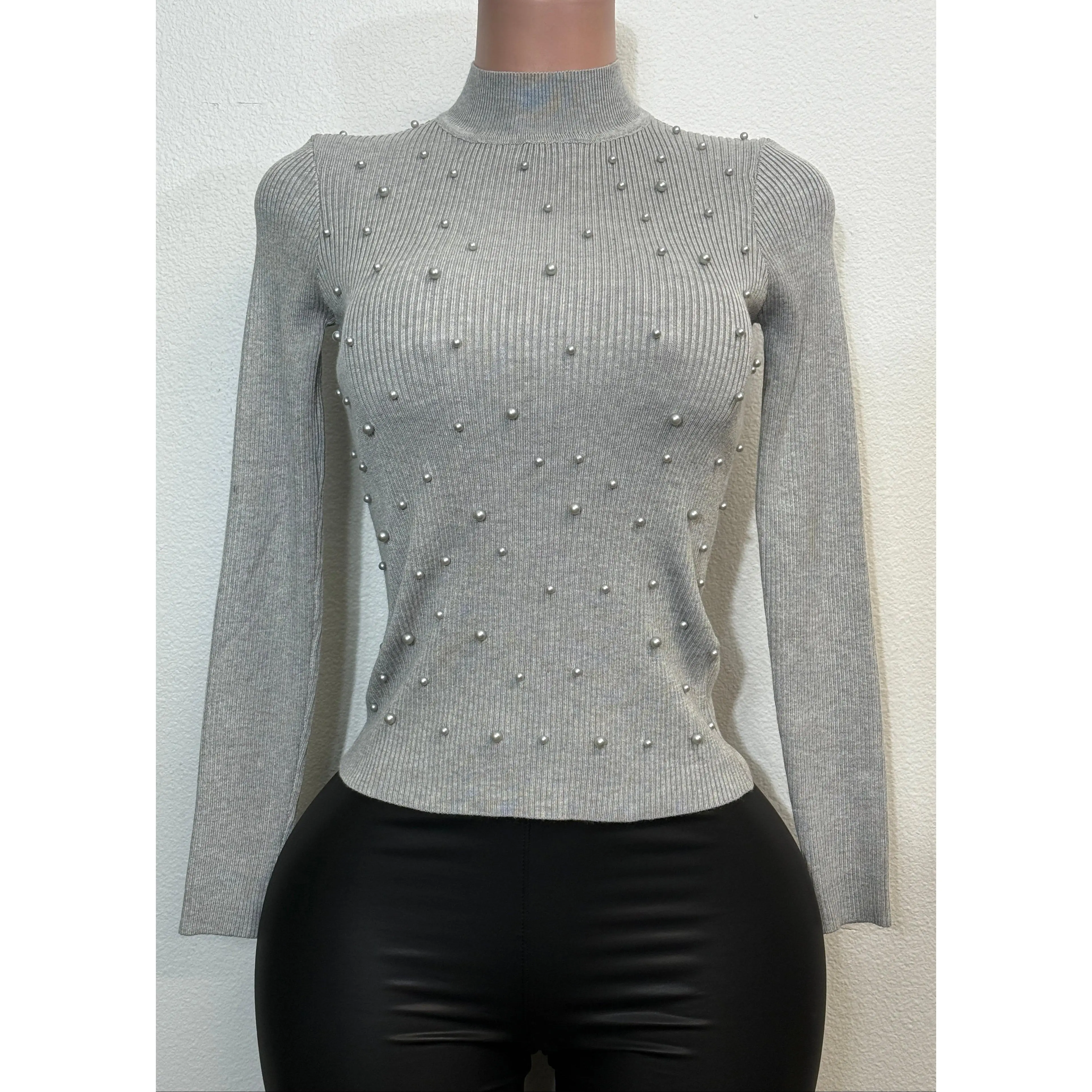MALIA SILVER PEARLS PATTERN LONG SLEEVE HIGH NECK SWEATER TOP