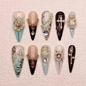 Red White Bow Press On Nails, Y2K Red Nails, Aurora Virgin Mary Long Stiletto Nails, Star Nail Art, Long Almond Handmade Press On Nails