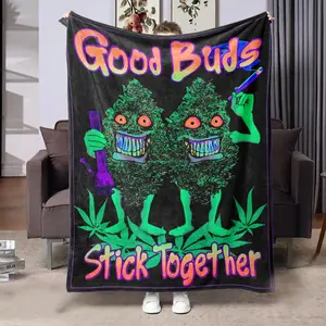 Good Buds Plant Bud Blanket, Interesting Weed Design, Gradient Theme Flannel, Warm & Comfortable, Oversized Bed Accessory, Cartoon Pattern Blanket