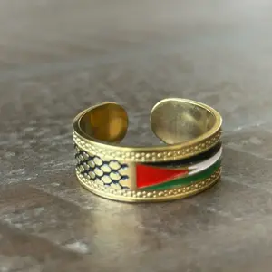 Palestine Flag and Keffiyeh Cuff Ring Adjustable Gold-Tone with Red Green and Black Stripes High Quality Stainless Steel