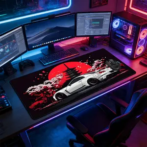 Japanese Cherry Blossom White Sports Car Large Extended Gaming Mouse Pad, Non-Slip Rubber Base Stitched Lock Edge Desk Mat, Desktop Accessory, Computer Accessory for Home Office & Gaming Setup, Ideal Gift for Gamers & JDM Fans