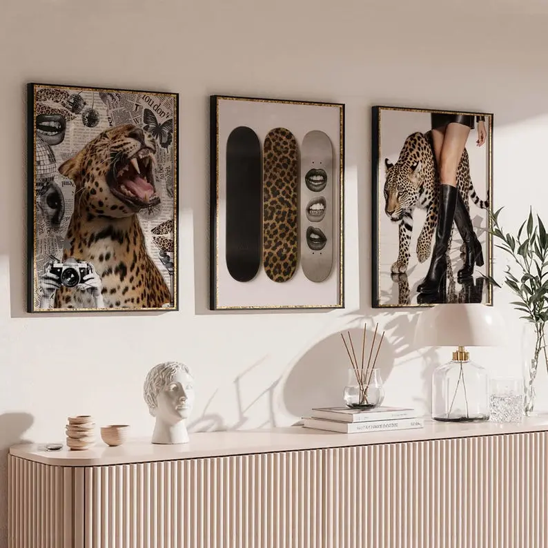 Trendy Fashion Wall Art Print - Trendy Leopard Roar Print Set of 3 - Leopard Skateboard Poster - Girly Wall Art