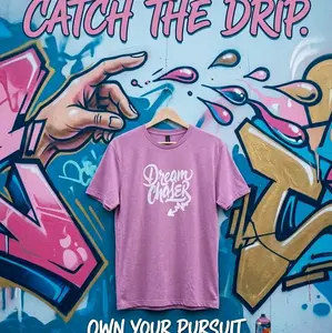 Dream Chaser T-Shirt - Pink Crew Neck Short Sleeve Top with "Catch The Drip" and "Own Your Pursuit" Design