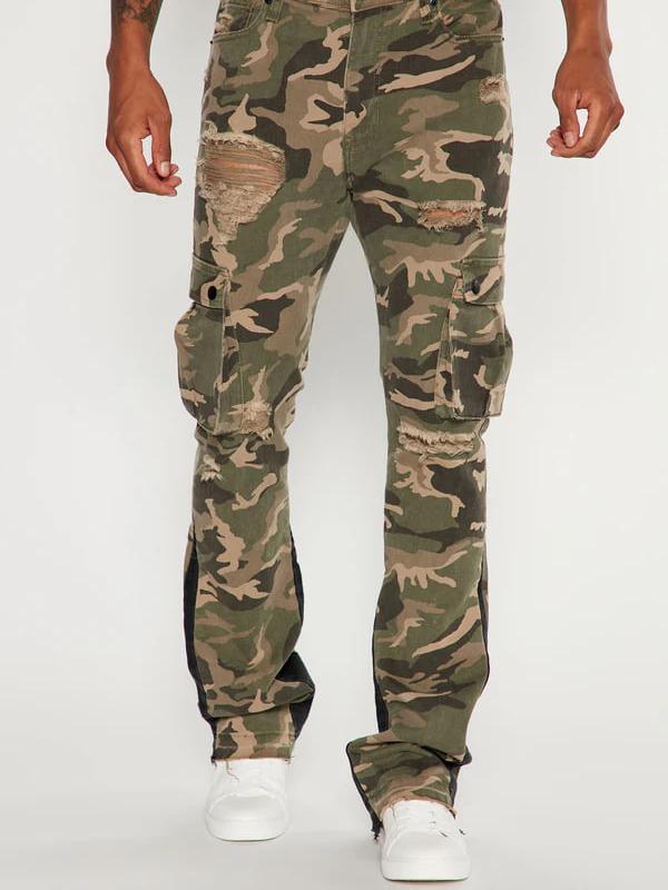 Contrast Skinny Stacked Flared Cargo Pants - Camouflage