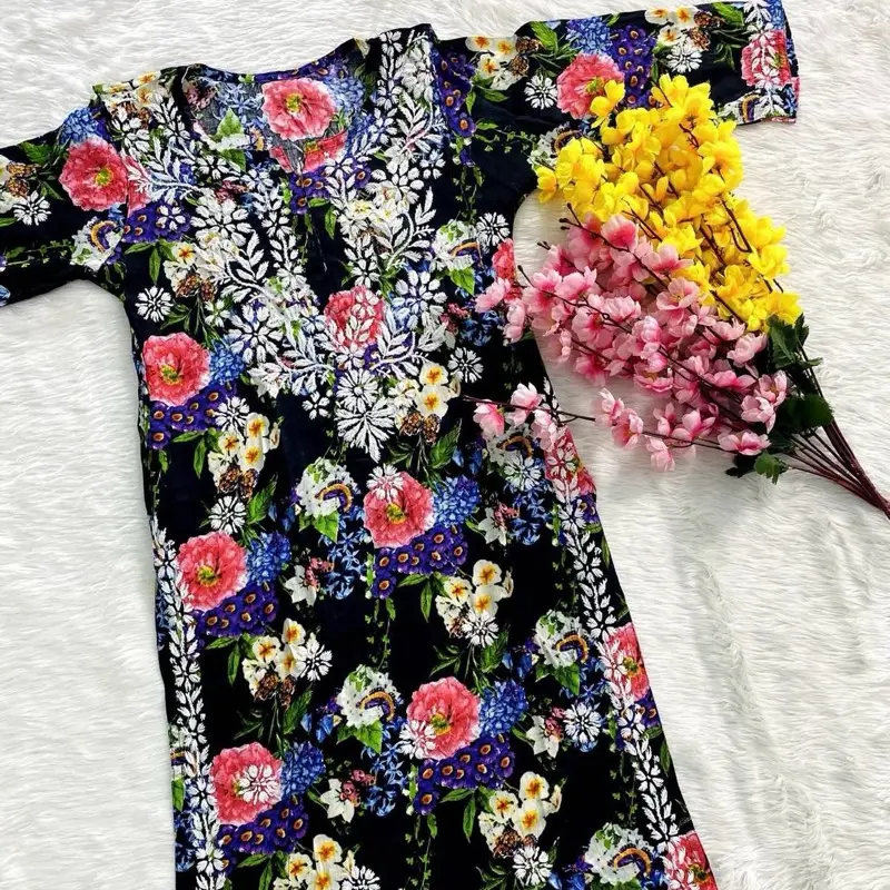Exclusive Lucknowi chikankari handwork pure rayon printed kurtis with white plazzo pants with Dupatta