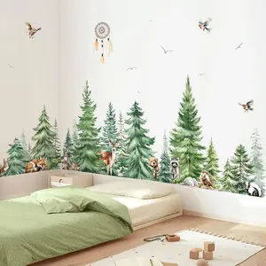 X-WPA34 Large Watercolor Pine Tree Animals Wall Stickers Woodland Forest Tree Fox Deer Bear Wall Decals Baby Nursery Bedroom Living Room Wall Decor
