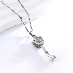 Elegant Stainless Steel Sun Flower Cremation Keepsake Key Pendant Necklace