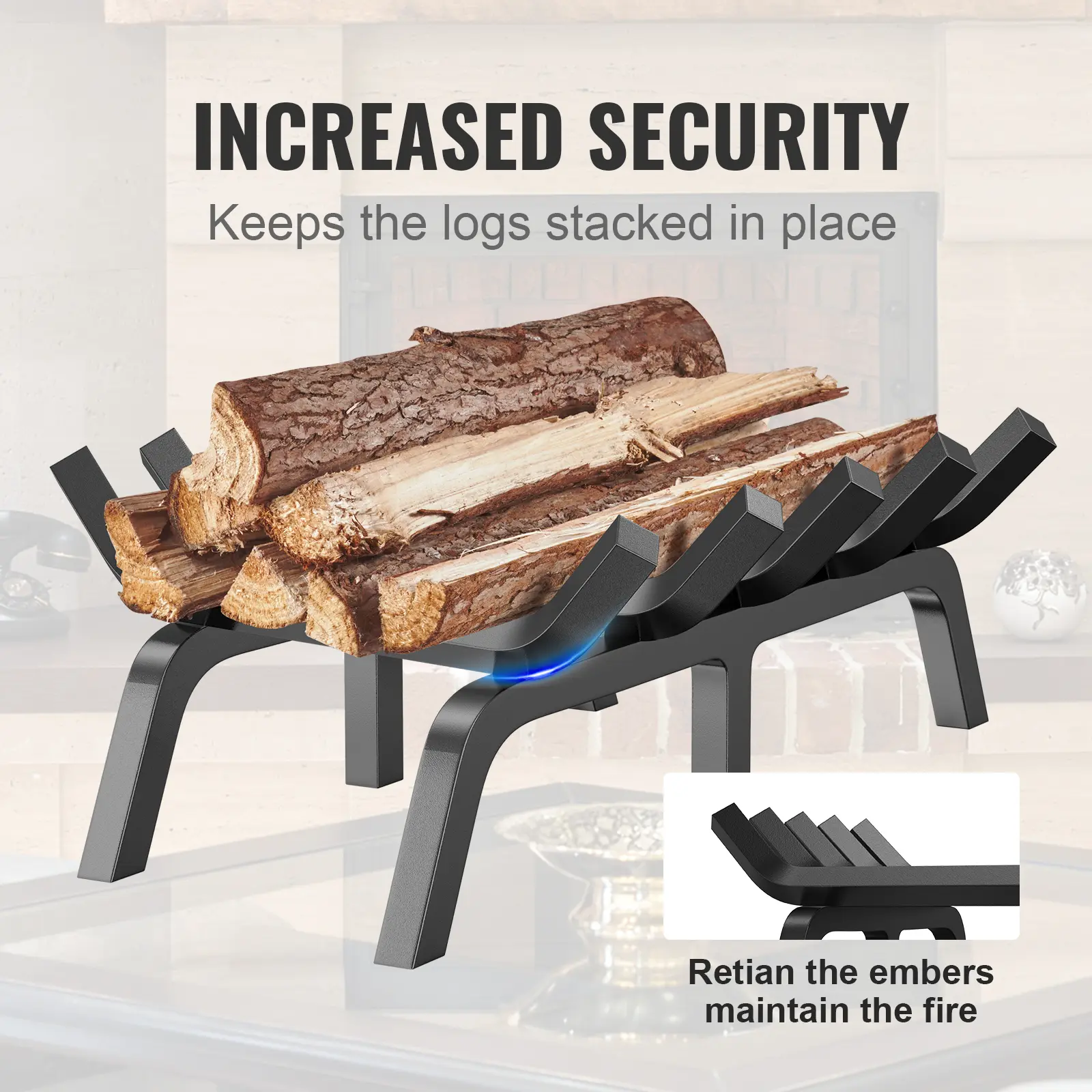 VEVOR Fireplace Log Grate, 21 inch Heavy Duty Fireplace Grate with 6 Support Legs, 3/4’’ Solid Powder-coated Steel Bars, Log Firewood Burning Rack Holder for Indoor and Outdoor Fireplace Sturdy Utensils