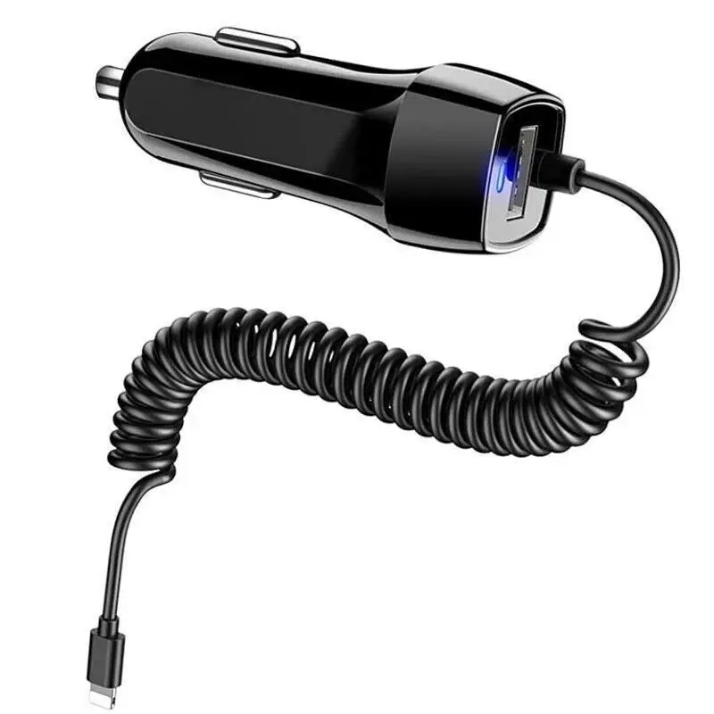 Metal USB & USB-C Dual Port Car Charger Adapter with Coiled Lightning Cable, 2.4A DC 5V/2.1A Fast Charging for Vehicles, Compatible with iPhone 11/12/13/14 Pro Max