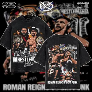 [Octa-X] Roman Reigns vs CM Punk WrestleMania 42 Vintage Washed T-Shirt – WWE Superstar Graphic Tee, WrestleMania Vegas Design, Pro Wrestling Fan Shirt, Acid Wash Oversized Streetwear, Wrestling Event Outfit