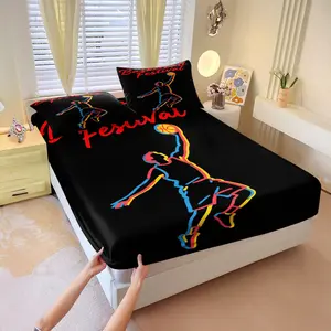 Neon Basketball Player Printed Fitted Sheet Set, Includes 1 Fitted Sheet & 2 Pillowcases without Filler, Black base with colorful dunk silhouette, energetic, stylish, soft and skin-friendly.