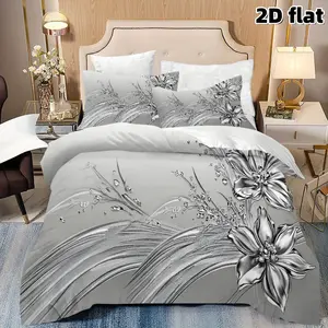 2D Flat 3Pcs Elegant Gray Floral Duvet Cover, Modern Silver Flower Pattern Bedding, Soft Microfiber Quilt with 2 Pillowcases (No Filler), Contemporary Home Decor for Bedroom Guest Room