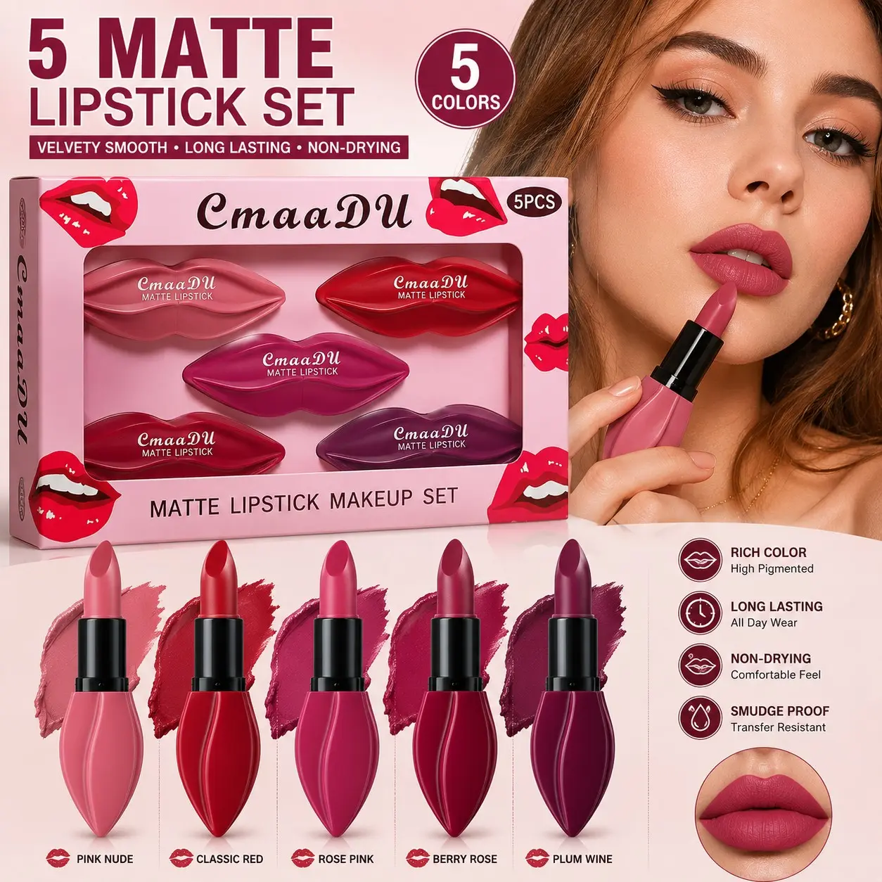 CmaaDu 5Pcs Lip-Shaped Matte Lipstick Set, Lipstick Palettes, Professional Lip Makeup Cosmetic for Women, Fashion Lip Design, Ideal for Daily & Holiday Makeup, Hydrating Moisturizing Lipstick Gift Set