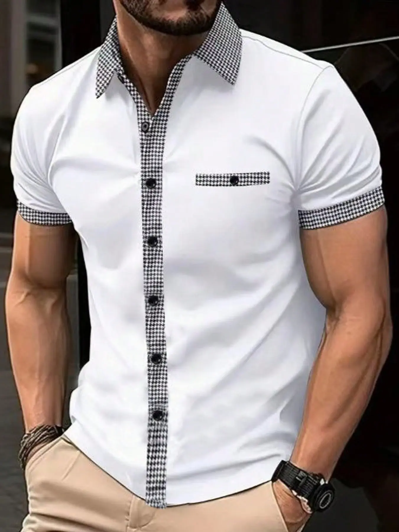 Trendy Men's White Polo Shirt with Houndstooth Accents, Slim Fit Short Sleeve Button Down Top, Modern Smart Casual Shirt for Street Style & All-Day Daily Wear #MensStreetwearPolo #HoundstoothTrimFashion #VersatileMensTop