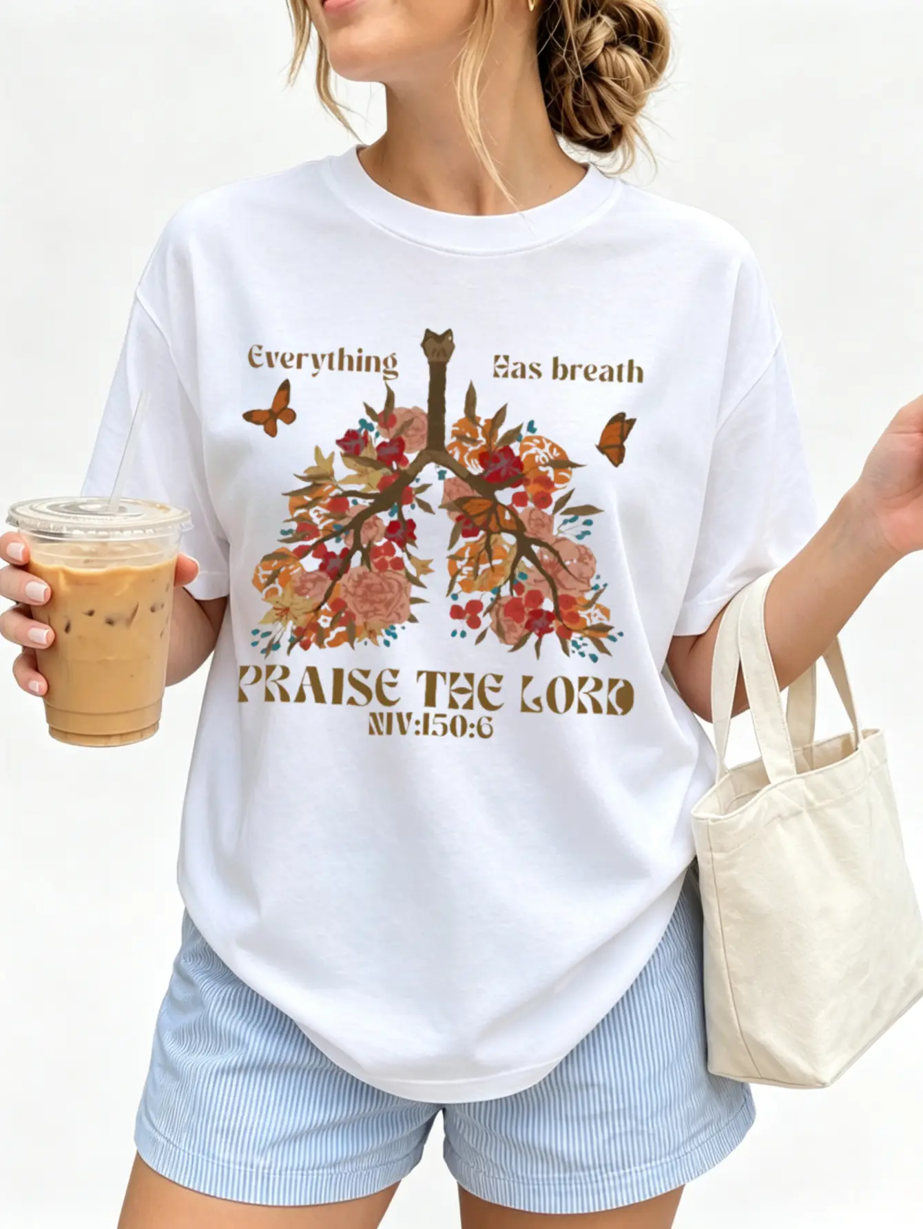 Women's Gildan 5000 Soft Cotton Crew Neck Short Sleeve Tops - Floral Graphic, Bible Verses, "Everything Has Breath Praise The Lord" Christian Trending Tee, Vintage Lungs Design, Sunday Church Gift