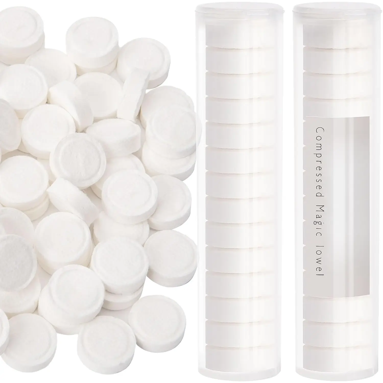 Compressed Towels, 100 count Disposable  Towels for Travel Expandable Wipes Tablets with 2 count Tube Containers for  Gear and Supplies Outdoors Camping Hiking Hotel