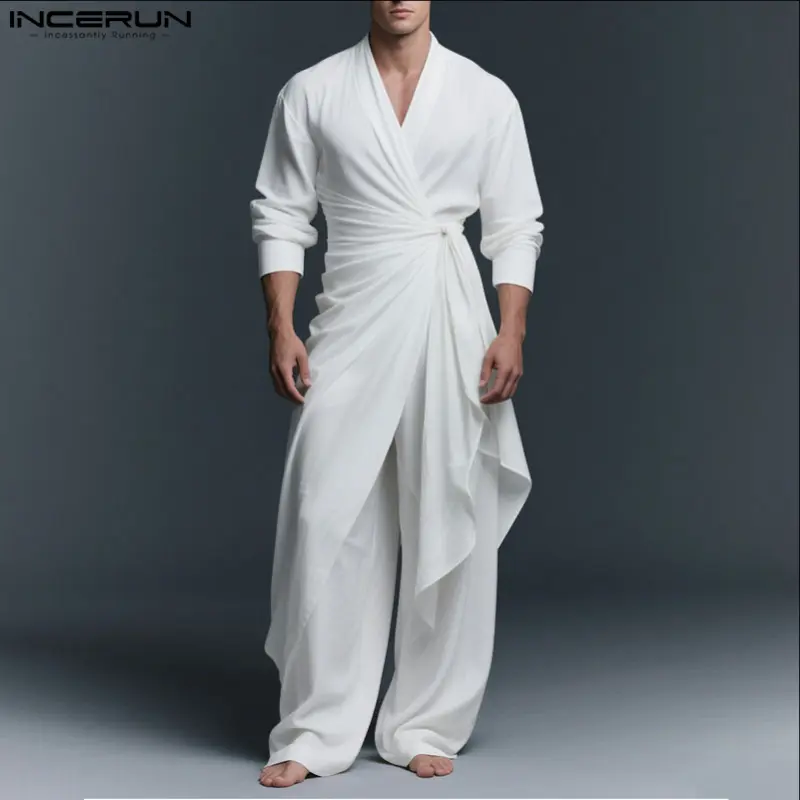 INCERUN Men's Grecian Robe Tunic Costume Set - V-Neck, Irregular Tailoring, Asymmetrical Loose Fit, Lightweight Floor-Length, Breathable Polyester, Tie Detail, Solid Colors, Multi-Size Including 2XL, Cultural Artistic Menswear Party Attire