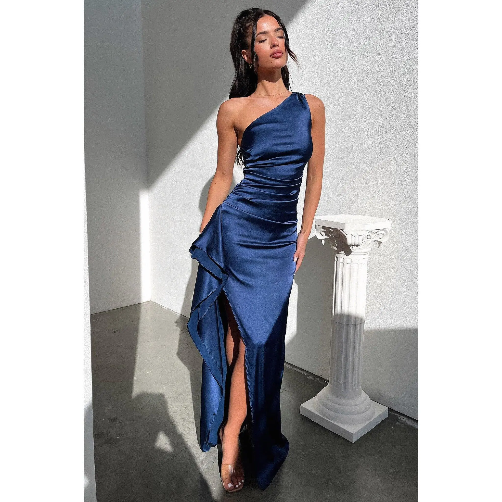 Elianna One Shoulder Satin Maxi Dress - Navy