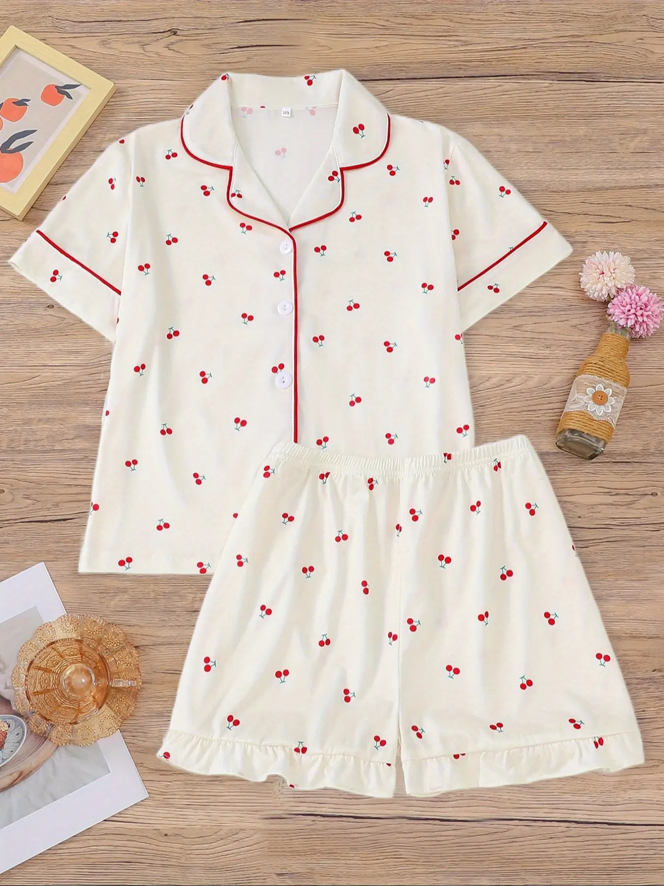 Girl's Cherry Print Top & Shorts Pyjama Two-piece Set, Cute Comfy Short Sleeve Top & Shorts Set, Kids Sleepwear for All Seasons, Matching Pajama Set, Fruit Print Pajamas, Love Print Sleepwear, Summer Pjs