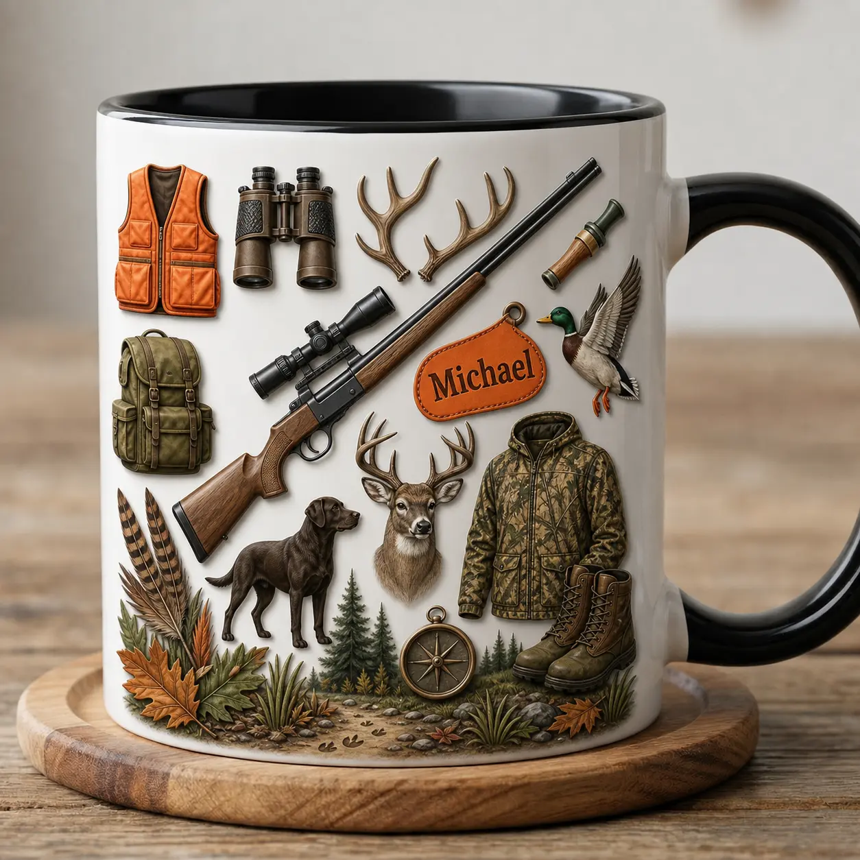 Personalized Hunter Mug 2D Printed 3D Effect, Custom Name Ceramic Coffee Cup with Rifle Deer Dog Duck Design, Gift for Hunting Lover Men