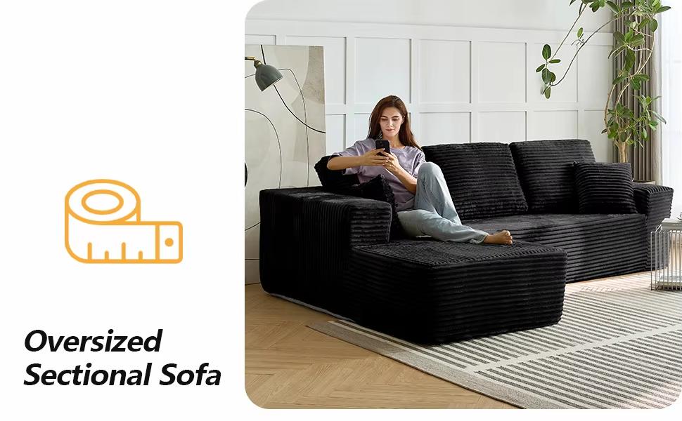 Modular Corduroy Cloud Couch Set - Boneless Sectional 3-Seat Convertible Sleeper Bed, Plush Oversized Chaise Loveseat with Soft Fabric, Blend Down Boneless Couches for Living Room Sofas, Indoor Apartment Furniture,summerwins