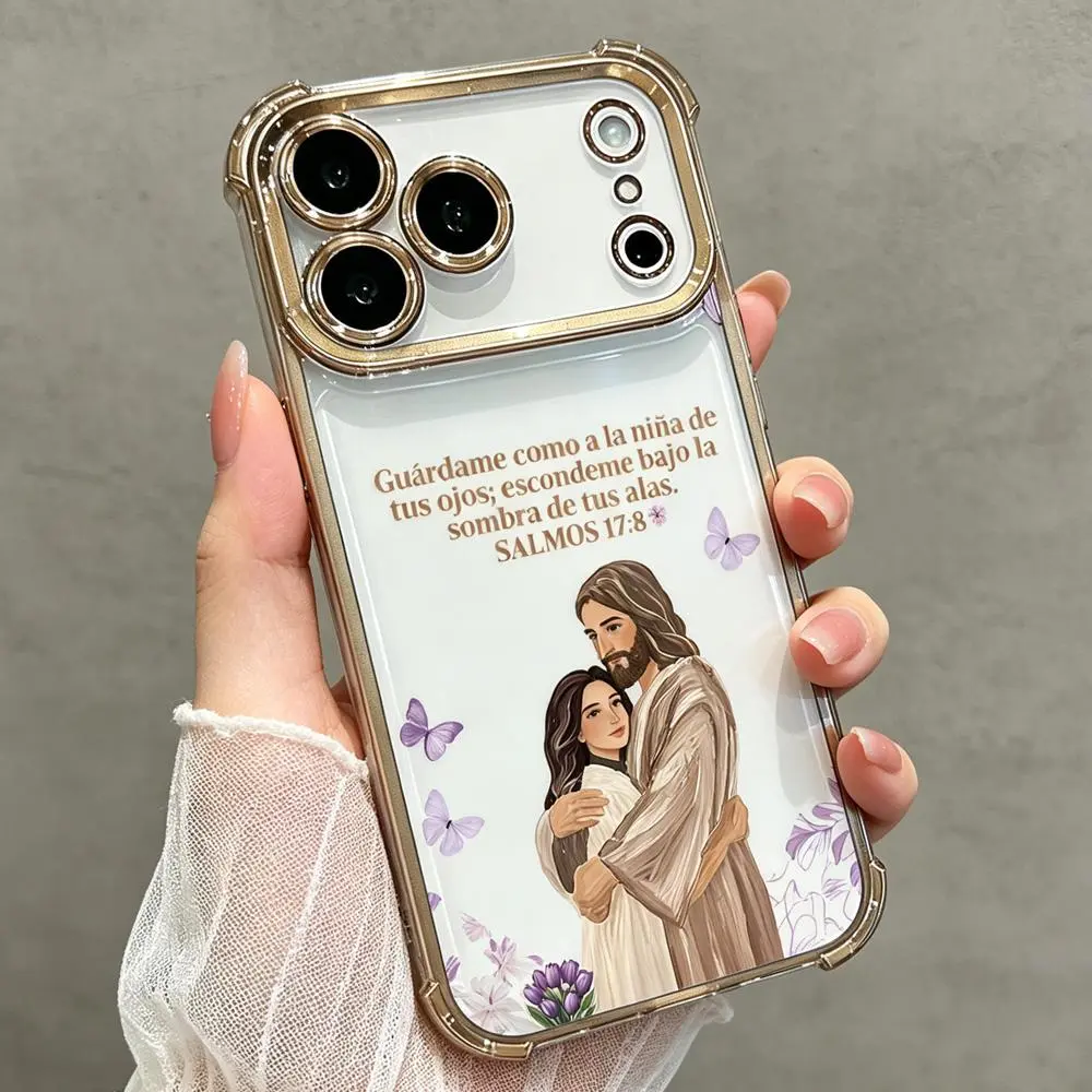 Religious Spanish Psalm 17:8 Jesus Hug Girl Purple Butterflies Flowers Phone Case for iPhone 17 Air/17 Pro Max/16 Plus/16 Pro Max/15 Plus/15/14 Plus/13/12/11, TPU Soft Anti-Skid Crash-Proof Cover with 4-Corner Drop Protection, DDSJ260602005, Protective, C