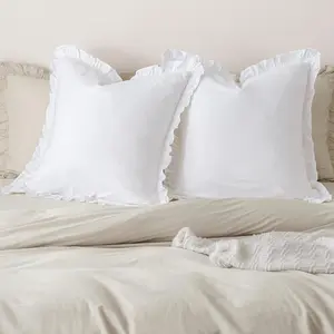 100% Washed Cotton Euro Shams with Ruffle 2 Pack 26" x 26" Cotton Euro Sham Pillow Covers No Insert Ultra Soft Decorative Farmhouse Bedding for Bed Sofa White