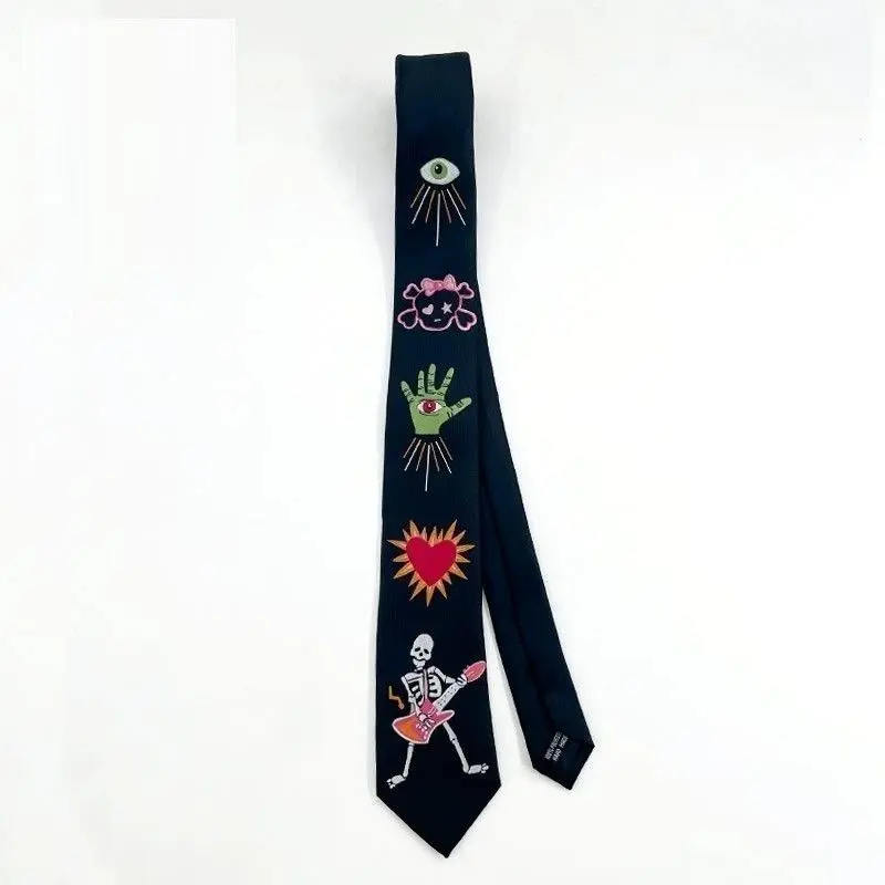 Skeleton Hand Embroidered Necktie, Gothic Graphic Statement Accessory for Dark Academia Aesthetic, Halloween Fashion Tie, Embroidery