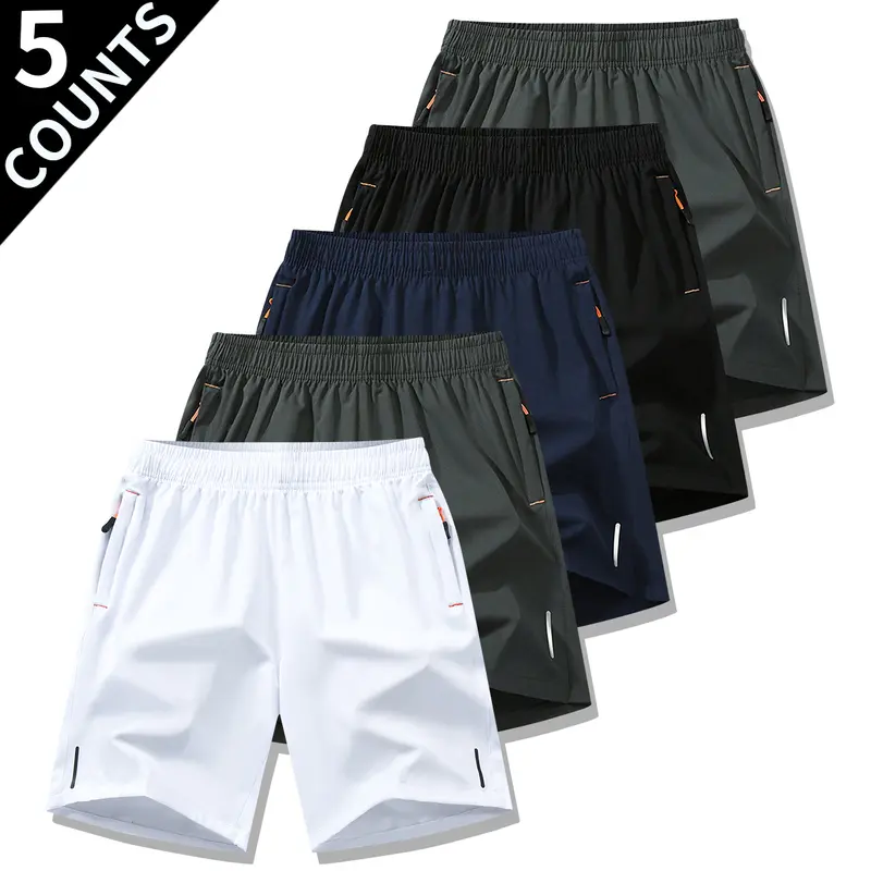 Men's Plain Above-the-Knee Athletic Shorts - Ultra-Light Polyester, Fitted Cut, Soft Elastic Waist, Breathable Quick-Dry Summer Fabric, Beige, Textured Wrinkle-Resistant, Reflective Strips, Active Sporty Chic Gym Bottoms for Men's Clothing