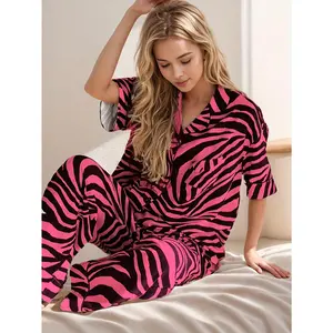 Women's Pajamas Set Zebra Striped Short-sleeved Trousers V-neck Loose Casual Comfortable Wearable Pajamas