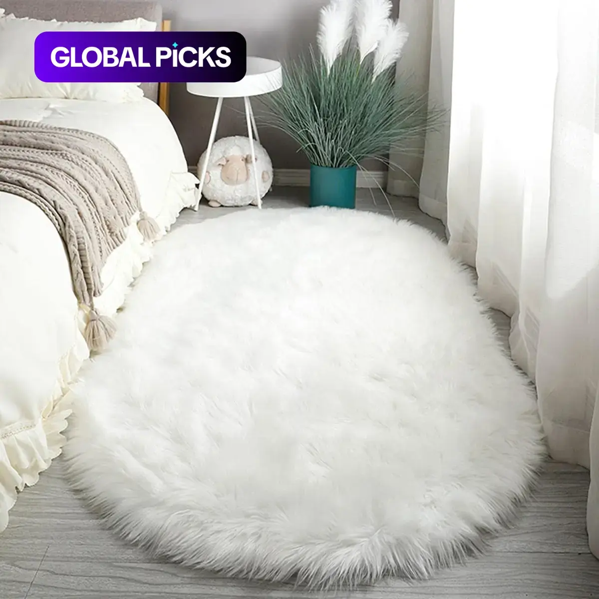 Modern Solid Color Oval-Shaped Soft Fluffy Decorative Rug, 1 Count Non-Slip Faux Fur Bedroom Floor Carpet, Shaggy Area Rug, Birthday Gift Ideas, Home Decor #GLOBAL PICKS