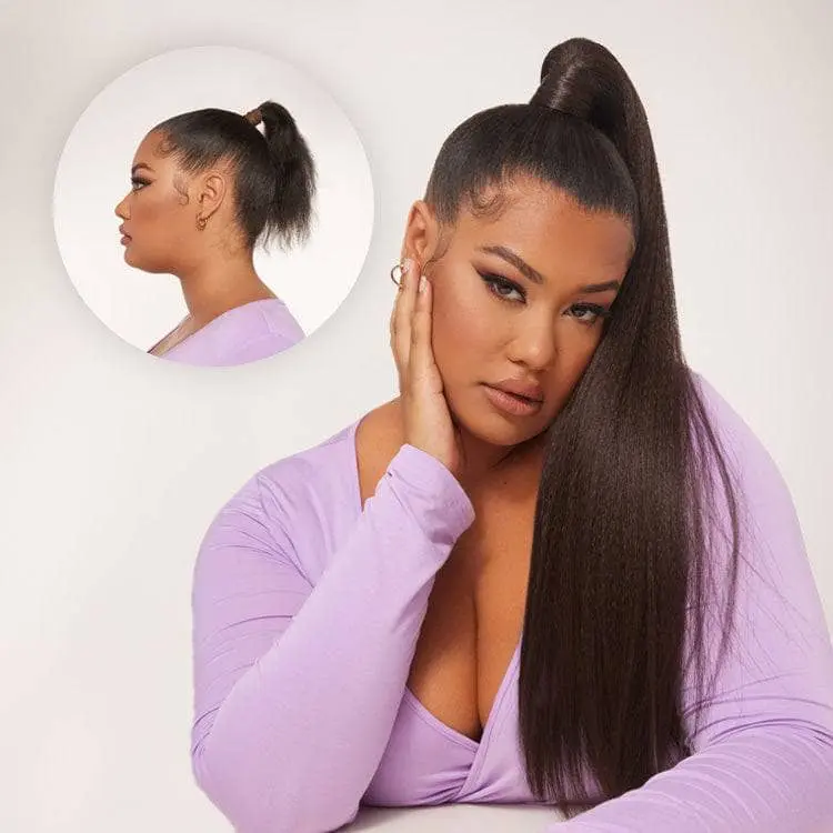 INH Hair 26in Miya Extra Long Straight Synthetic Ponytail Extension with Yaki Perm Volume Texture, Vegan Wrap Around Clip In Hair Piece