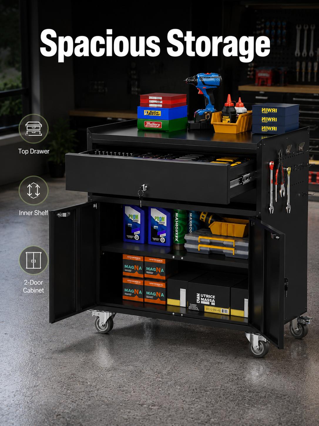Rolling Tool Cabinet with Wheels, Heavy Duty Metal Garage Storage Cabinet, Lockable Tool Chest with Drawer and Doors, Mobile Workbench Organizer with Side Pegboard Hooks, Utility Storage Cabinet for Tool Room, Workshop, Garage, Home Office, Repair Station