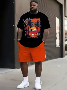 Men's Summer Miami Tropical Pattern Casual Set, T-Shirt and Belted Pants, New Sporty Fashion, Large Size, Short Sleeve, All Seasons